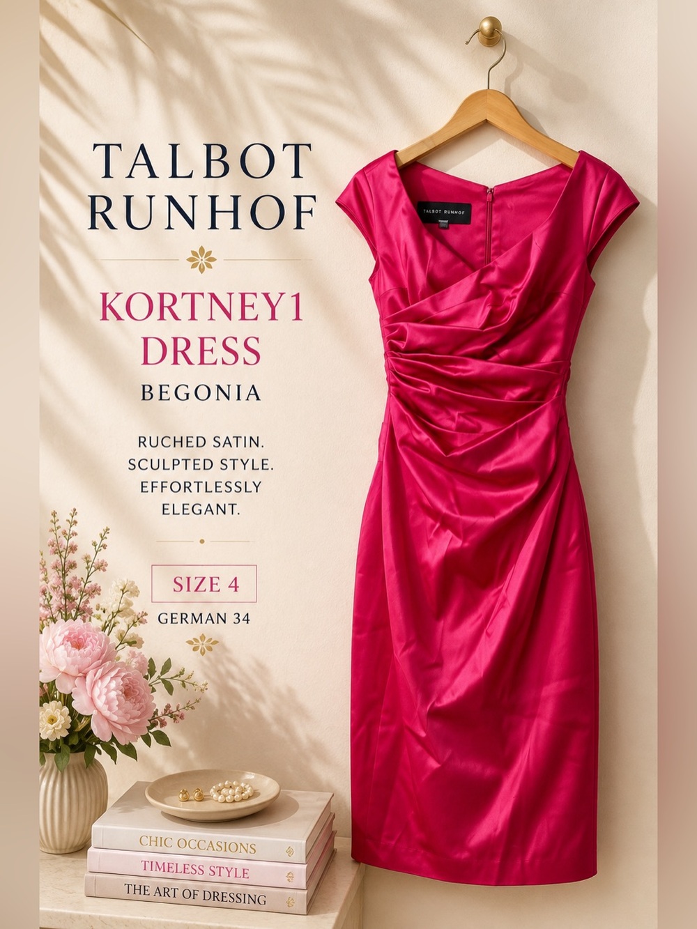 Talbot Runhof Kortney1 Begonia Pink Satin Ruched Sheath Dress Size 4